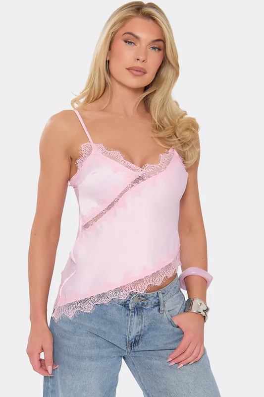 Strappy Scoop Neck Asymmetric Hem Satin Cami Top - EGO