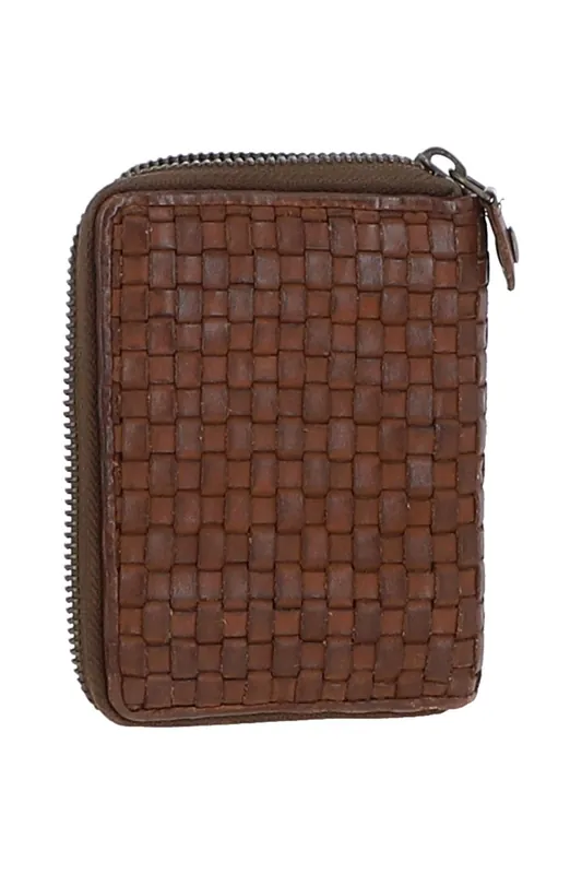 Vintage Woven Leather Zip Around Small 6 Card Coin Purse - Ashwood Leather