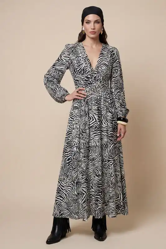 Zebra Long Sleeve Metallic Dress Mono Pattern - Urban Bliss
