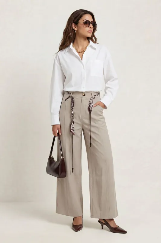 Belted Barrel Leg Trouser Grey - Urban Bliss