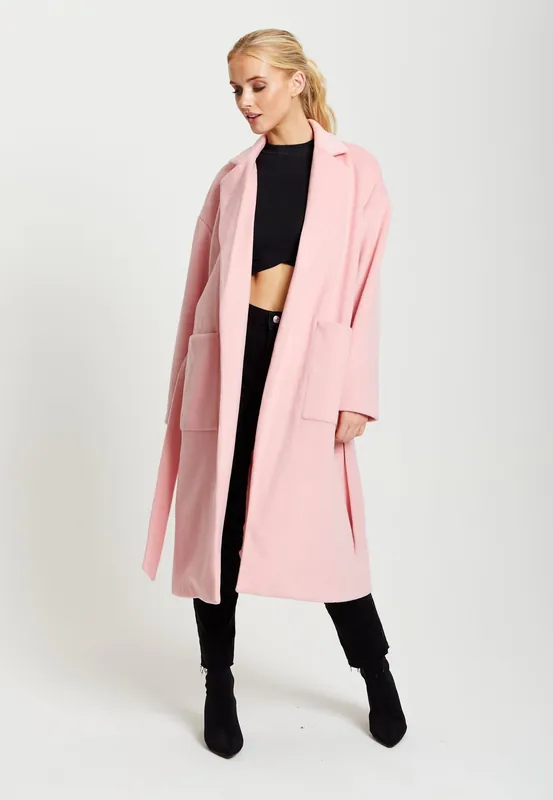 Belted Longline Coat in Pink - Liquorish