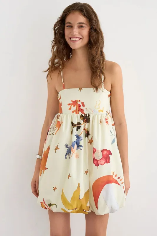 Printed Spaghetti Strap Balloon Mini Dress - Hiccup