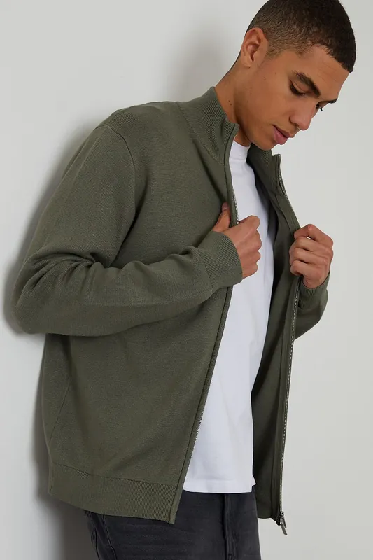 Zip-Through Funnel Neck Knitted Cardigan