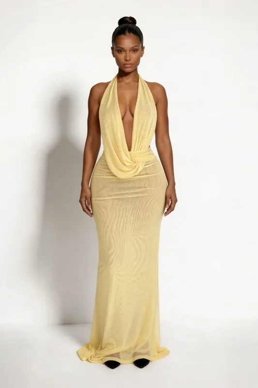 The Virelle Plunge Maxi Dress - Butter Yellow