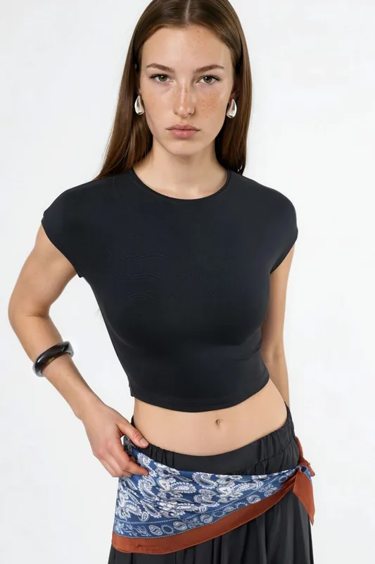 Crew Neck Solid Crop T-Shirt
