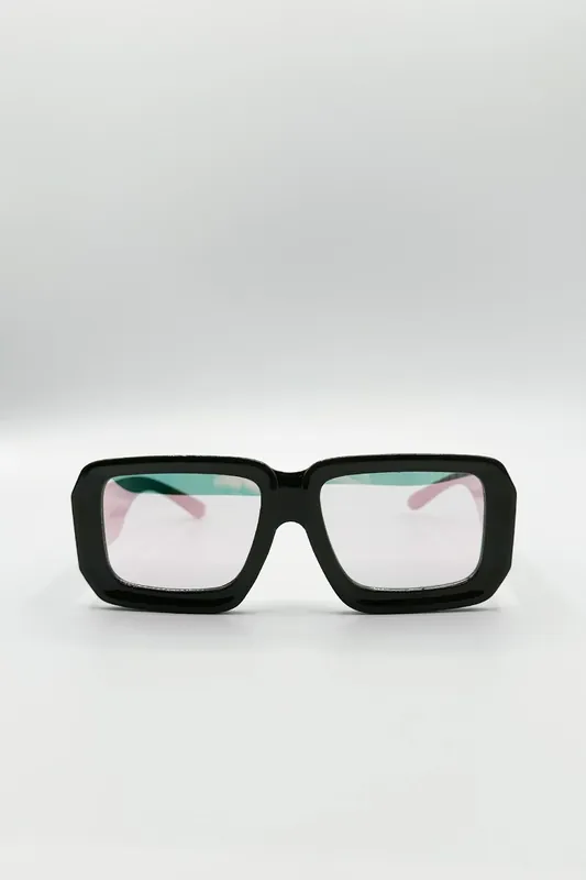 Oversized Square Frame Sunglasses In Mud Grey with Pink Mirror Lenses - SVNX