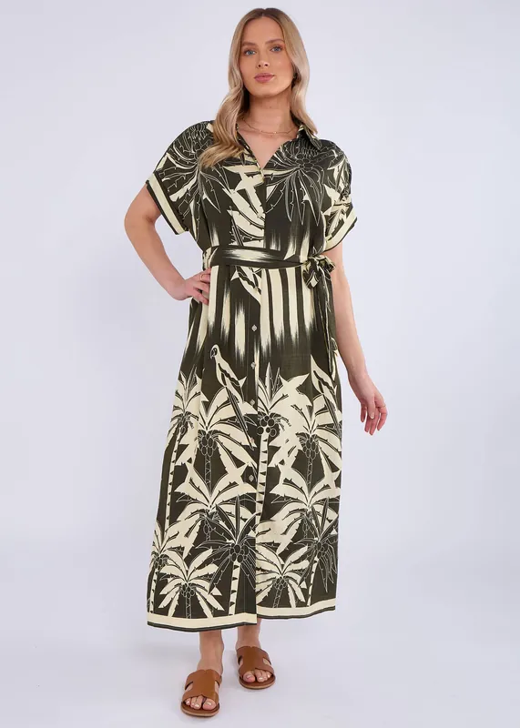 Khaki Tropical Print Midi Shirt Dress - Gini London
