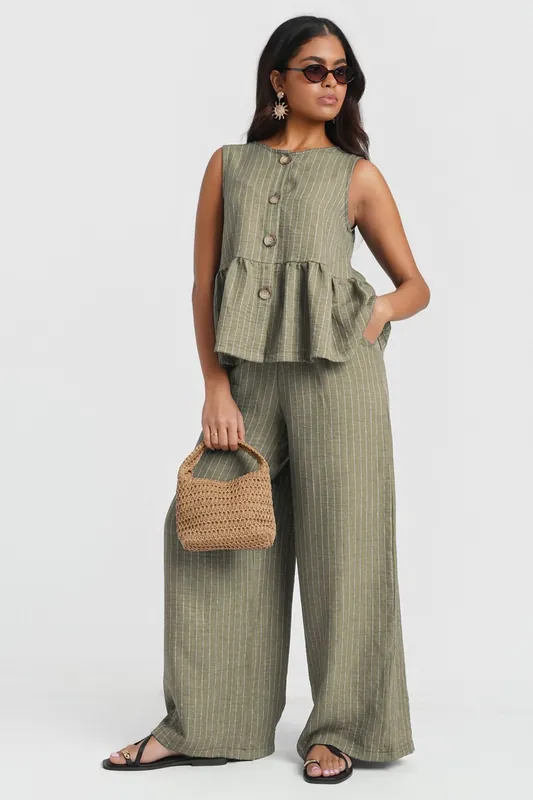 Khaki Stripe Wide Leg Trousers - Needs No Label