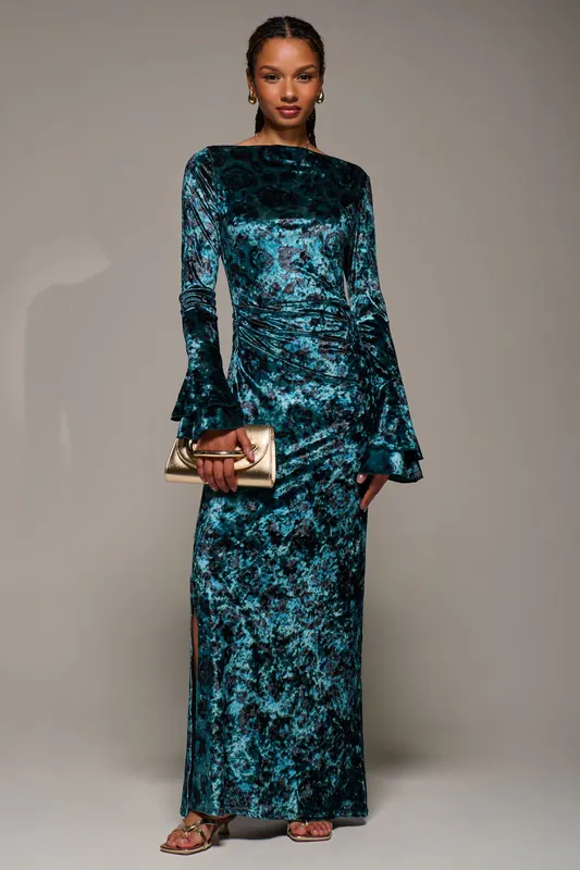 Ruffle Sleeve Boat Neck Velvet Maxi Dress - Jolie Moi