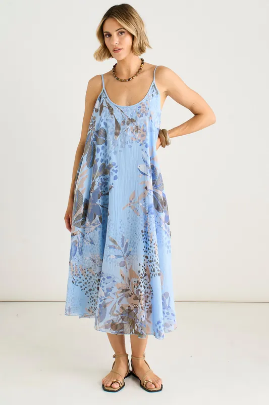 Blue Cotton Floral Print Strappy Midi Sundress - Gini London
