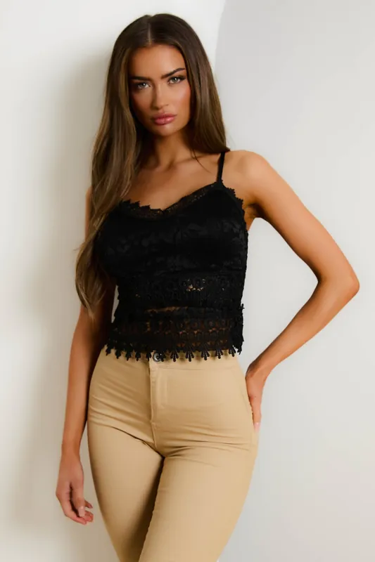Embroidered Strappy Cropped Length Mesh Insert Top - Femme Luxe