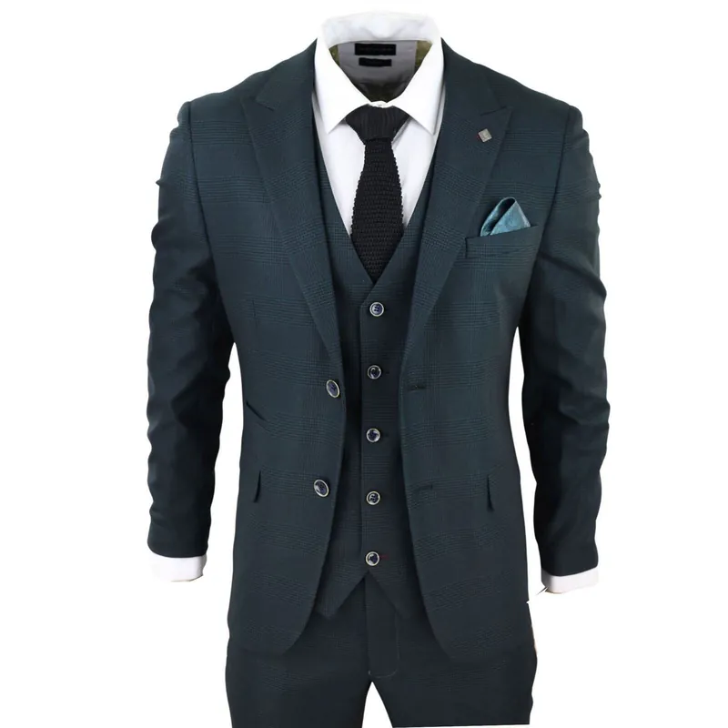 Green 3 Piece Check Tailored Fit Suit - Infinity Leather
