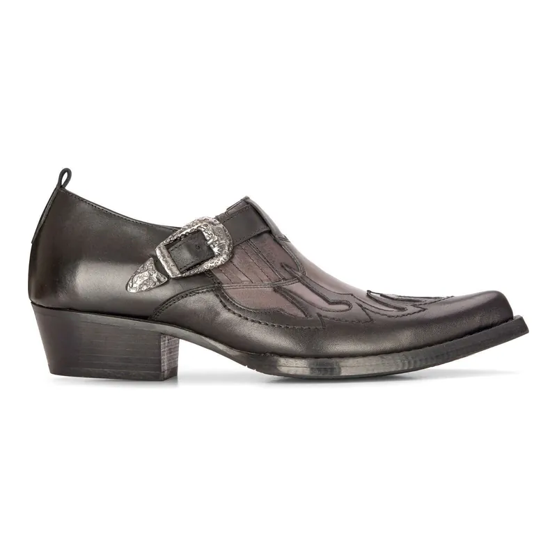Men's Leather Western Shoes Black Cuban Cowboy Winklepickers Classic Buckle Shoe - Infinity Leather