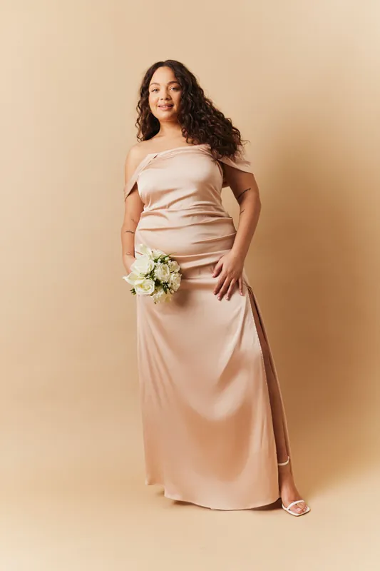 Satin Bardot Ruched Maxi Dress - In The Style