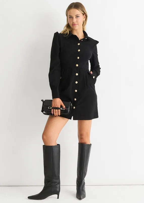 Black Corduroy Mini Shirt Dress - Gini London