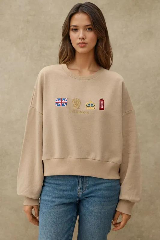 Embroidered Crew Neck Cottoned Raised Sweatshirt - Hiccup