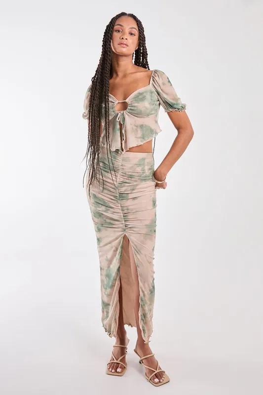 Tie Dye Ruched Split Maxi Skirt - Pink Vanilla