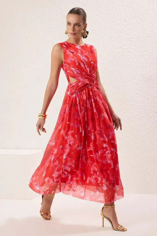 Floral Cut Out Sleeveless Midaxi Occasion Dress - WOVCOR