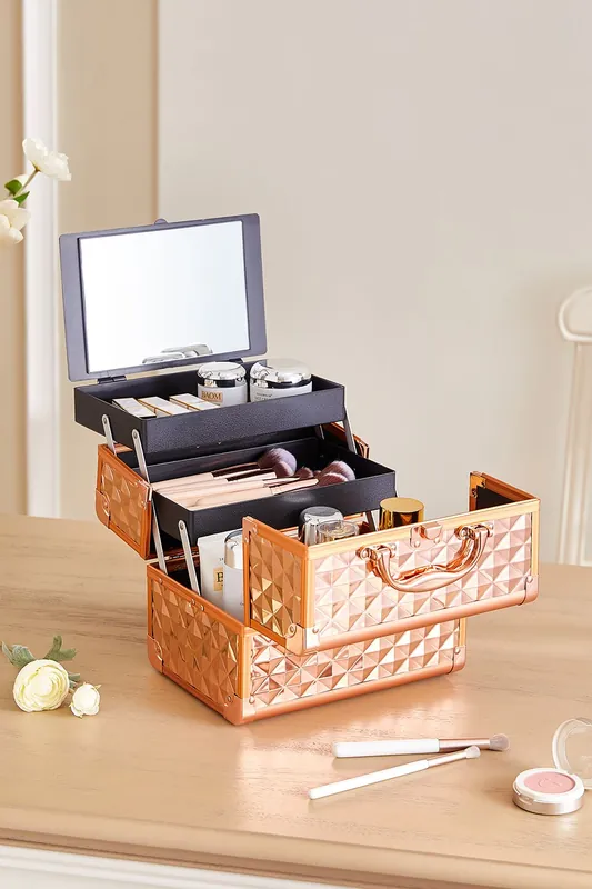 Rose Gold Cosmetic Box 2 Trays with Mirror Professional Makeup Box Storage Organizer - SHEONLY