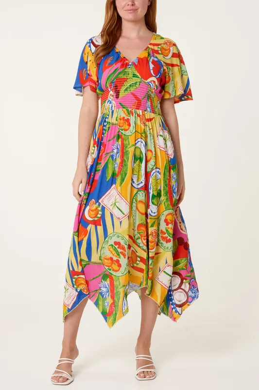 Multi Shirred Waist Hanky Hem Dress - Blue Vanilla