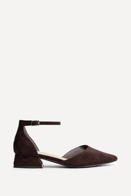 Dolly Wide Fit Brown Faux Suede Low Block Court Heel - Linzi