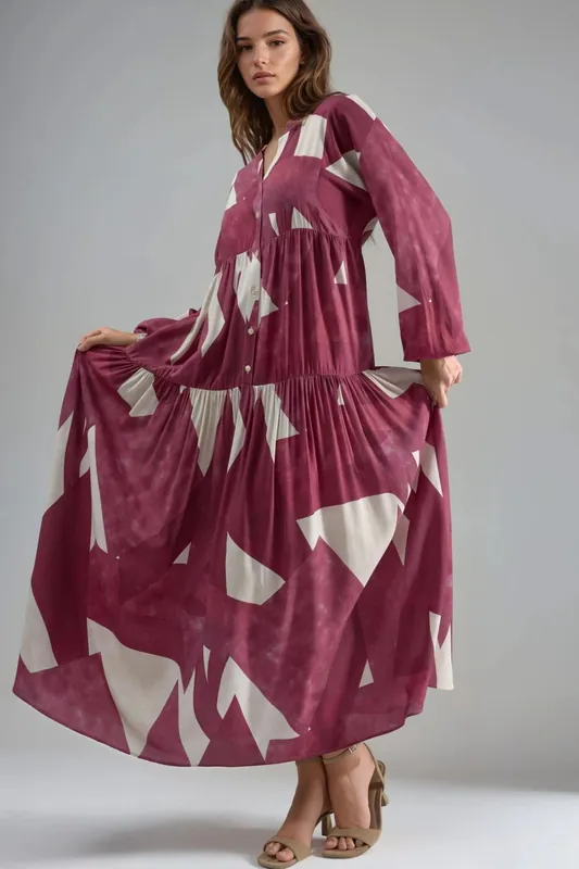 Printed Long Sleeve Viscose Maxi Dress - Hiccup