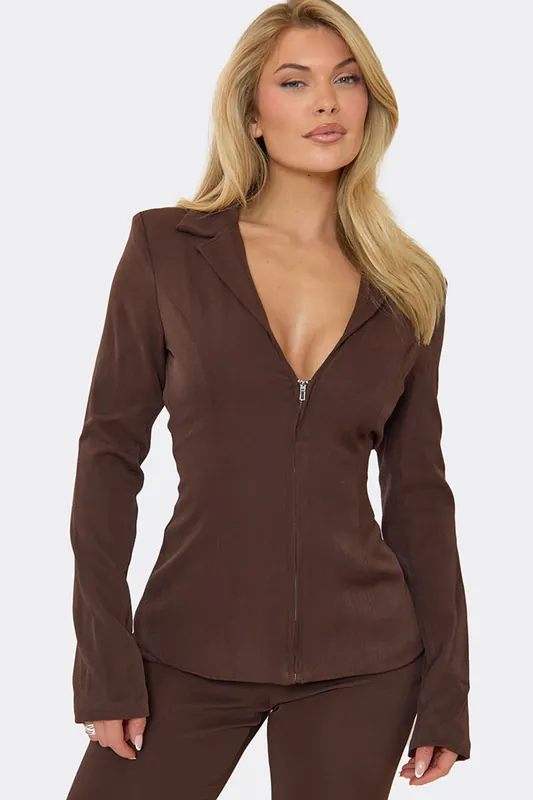 Fitted Long Sleeve Zip V-neck Cinched Blazer