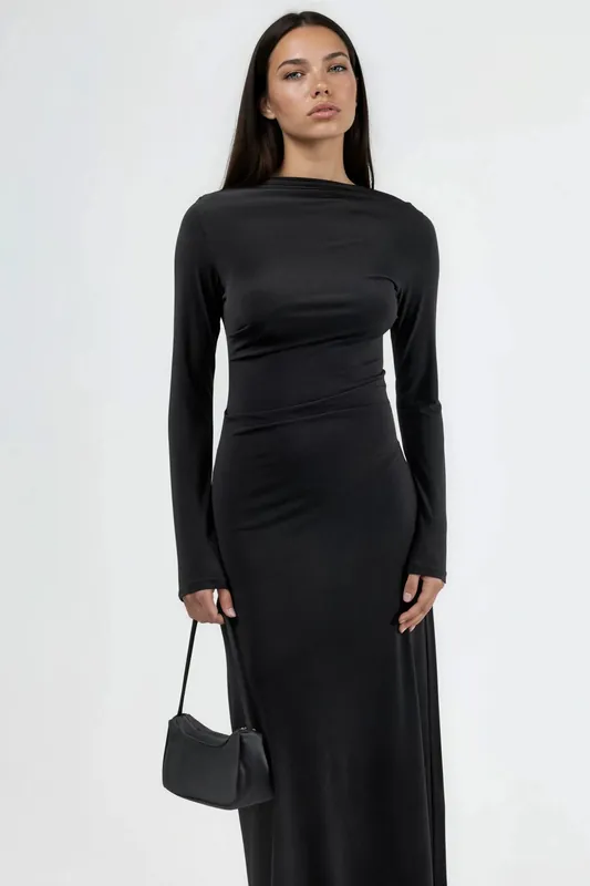 Fitted Maxi Dress with Drape Detail - Busem