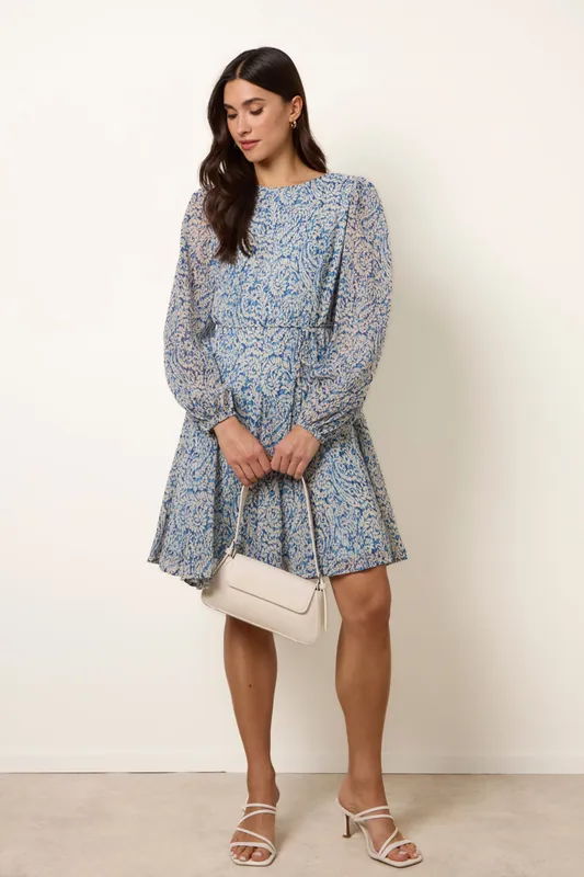 Blue Puff Sleeve Godet Dress With Self Tie - Blue Vanilla