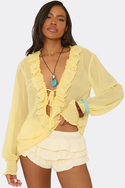 Long Sleeve Tie Plunging Neckline Frill Trim Top - EGO