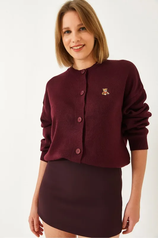 Embroidered Button-Up Ribbed Cardigan