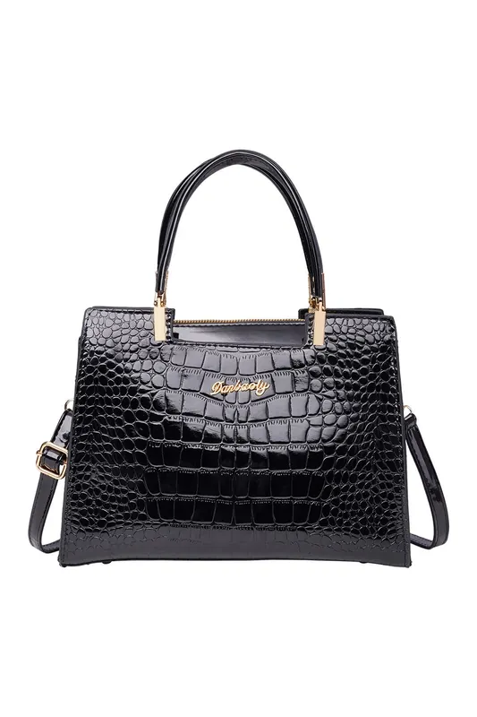 Glossy PU Croc-Embossed Handbag with Crossbody Strap