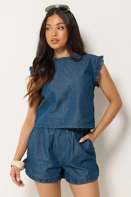Petite Frill Button Denim Vest - PixieGirl