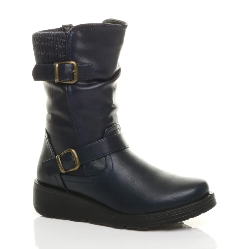 Low Wedge Heel Comfort Calf Biker Boots - AJVANI