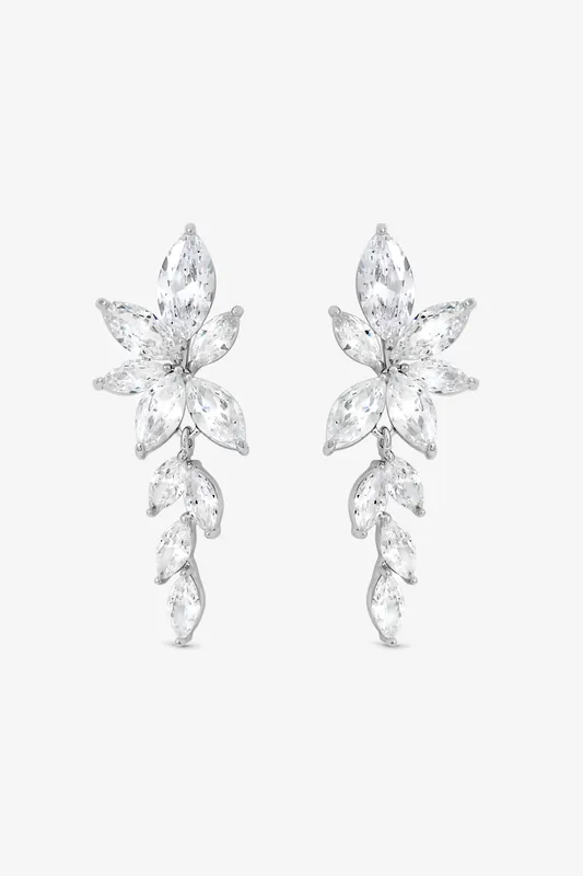Rhodium Plated Crystal Leaf Drop Earrings - Jon Richard