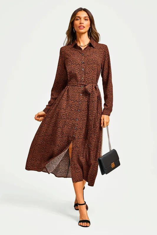 Brown Leopard Print Shirt Midi Dress - FS Collection