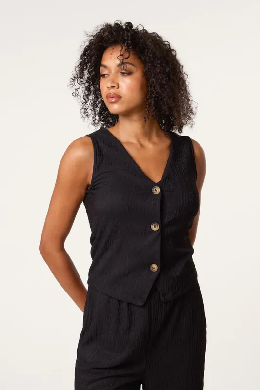 Black Crinkle Button Front Waistcoat - Blue Vanilla