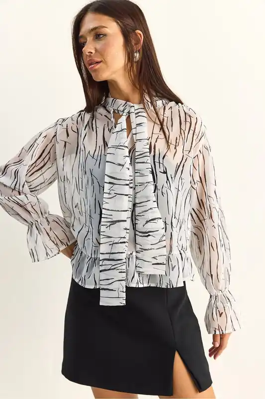 Abstract Print Choker Collar Chiffon Blouse with Tie Detail - Bianco Lucci
