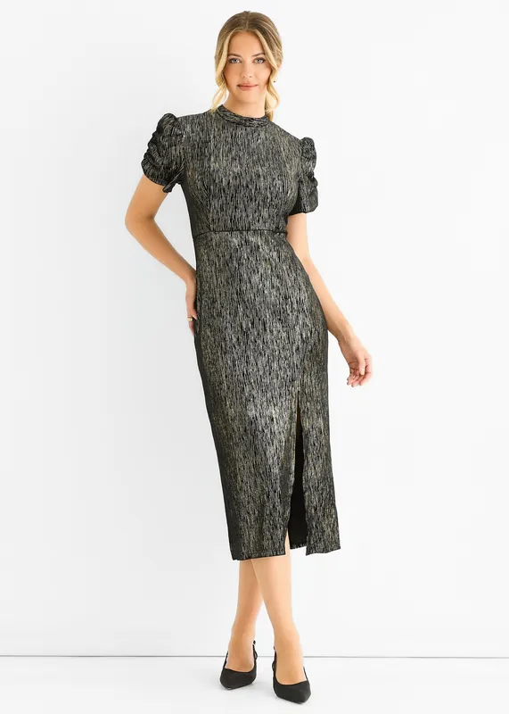 Black Foil Velour Midi Dress - Gini London