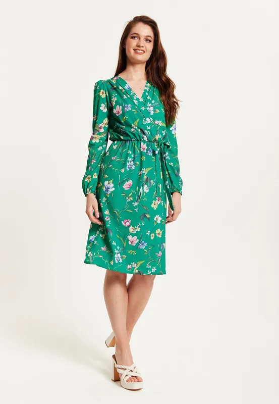 Green Floral Print Midi Fake Wrap Dress - Liquorish