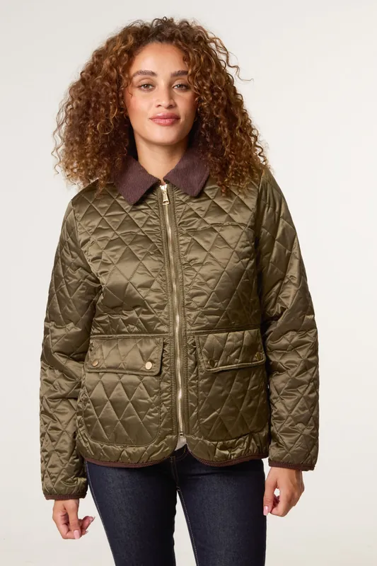 Khaki Diamond Quilted Cord Collar Coat - Blue Vanilla