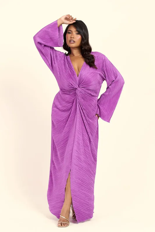 Curve Twist Front Flare Sleeve Plisse Midaxi Dress - FASHION-SZN