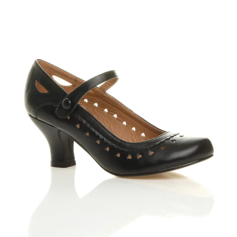 Mid Heel Heart Cut Out Mary Jane Court Shoes - AJVANI