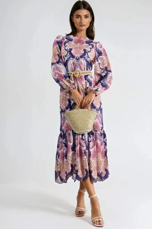 Belted Paisley Patterned Midi Dress - MSN Collection