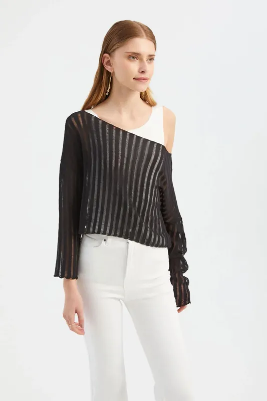 Striped Mesh Long Sleeve Blouse - Hiccup
