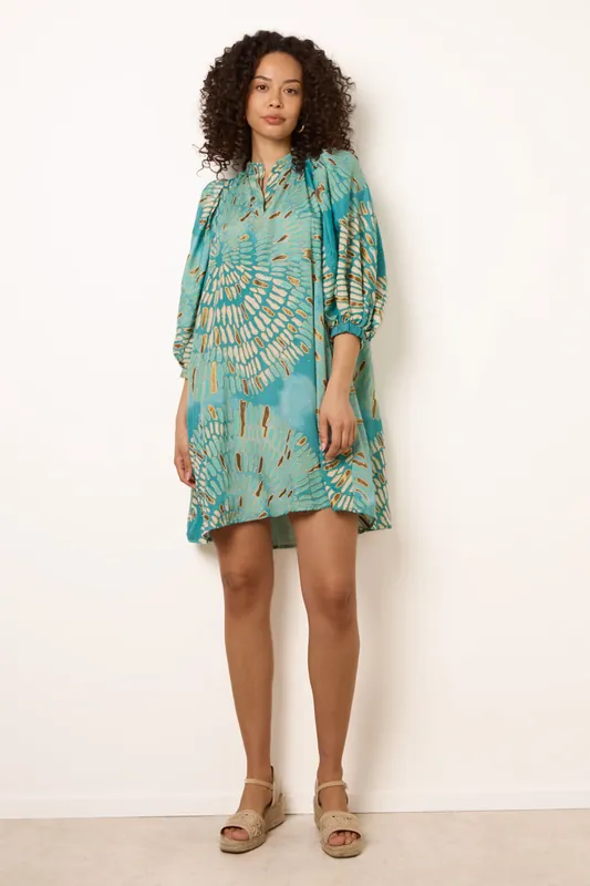 Aqua Diamante Tunic Dress With Puff Sleeve - Blue Vanilla
