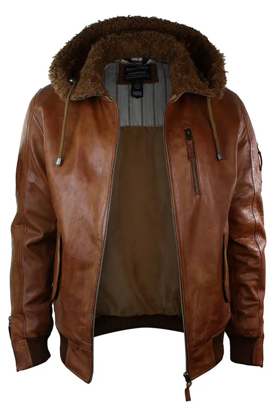 Leather Hooded Bomber Jacket - TruClothing