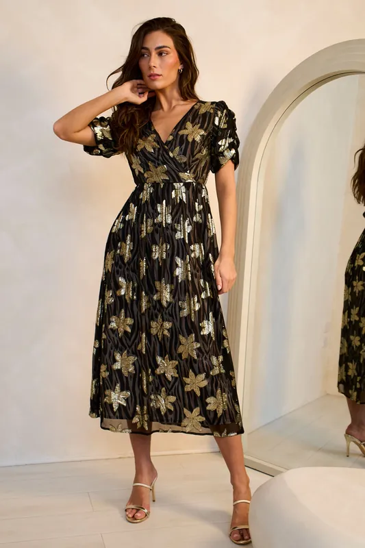Black Floral Lurex Animal Wrap Front Dress - Gini London