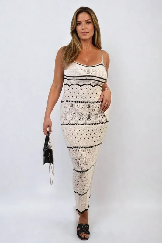 Ariana Strappy Long Knitted Stripe Cami Dress - IKRUSH
