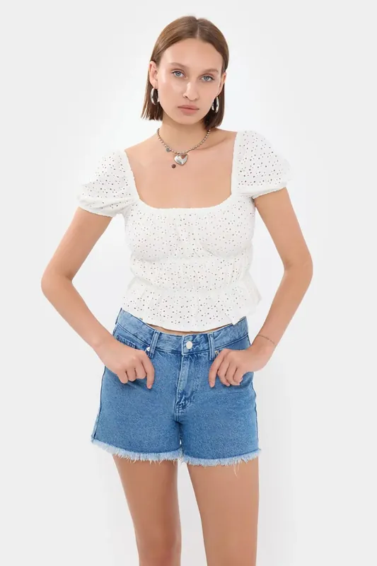 Embroidered Square Neck Short Sleeve Peplum Top - Hiccup